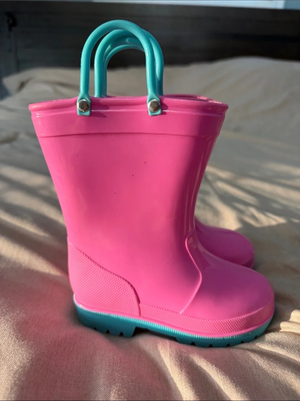 Kids Pink Rain Boots with Teal Handles